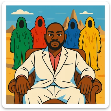 Davido sitting in a brown leather chair, wearing a white suit, with a desert background and four colorful furry characters (green, red, blue, yellow) behind him, inspired by the 'WITH YOU' album cover, in a vibrant toon cartoon style, confident and expressive. sticker