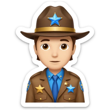 Sheriff with shiny blue star badge, brown jacket and blue hat sticker