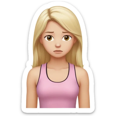 Create a young woman with long blonde hair, golden eyes, and medium-light skin tone, wearing a light pink tank top and leggings. She should be in portrait mode, but with a subtle doubting facial expression—slightly raised eyebrow, small frown, .  and her hand next to her chin like this emoji 🤔 sticker