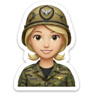 Apple-style emoji: female soldier, bust, no cap/helmet, friendly smile, generic camo top,  black color blonde hair sticker