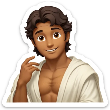 Cinematic Realistic Hercules Portrait, head tilted playfully and inquisitively, showcasing a charming blend of Disney heroic charisma and the refined grace of Michelangelo's David. His sun-kissed bronze skin and thick, wavy dark hair are rendered with classical precision, complementing a warm, inviting smile and sparkling, mischievous eyes. Clad in a softly draped white robe with subtle golden details, he exudes approachable strength under gentle, natural lighting. sticker