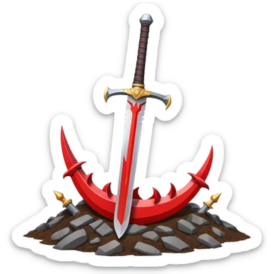 stylized emoji of a massive sword stuck in the ground with a red flag with a dragon head behind it evoking readiness and challenge clean bold WhatsApp emoji style sticker