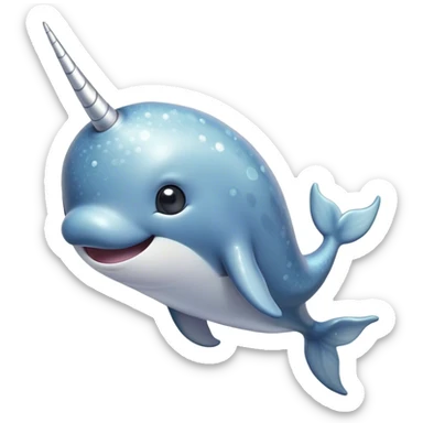 Cinematic Cute Narwhal Portrait Emoji, Head tilted playfully and inquisitively, showcasing a sleek, streamlined body with subtly iridescent, mottled gray skin and a prominently spiraled ivory tusk, complemented by round, sparkling eyes full of gentle wonder, Simplified yet irresistibly adorable features, highly detailed, glowing with a warm, friendly arctic glow, high shine, affectionate and lively, stylized with a touch of whimsical marine charm, soft glowing outline, capturing the essence of a mischievous yet loving narwhal that seems as if it could frolic out of the screen into your heart! sticker