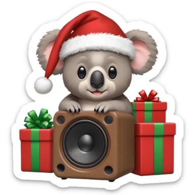 Koala sitting on toniebox speaker with a santa hat and presents around him, make the backroun festive sticker