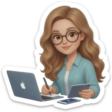 detailed emoji illustration of a woman with long light brown wavy hair and light brown eyes wearing round glasses, writing her book on a MacBook, with an iPad and an iPhone next to her, focused writing atmosphere, emoji style sticker