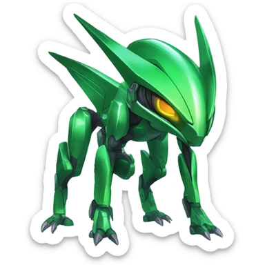 a shiny green Genesect-Raptor-Fakémon—hybrid with a futuristic visor-helmet full body sticker