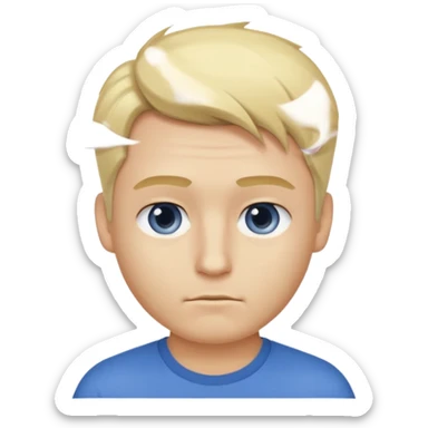 Crée l’emoji d’un homme blond , cheveux court mais un peu de cheveux sur le dessus , yeux bleus , nez avec une bosse, grain de beauté dans le cou. TEE shirt blanc  sticker