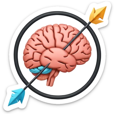 Minimalistic flat vector icon, iOS style, thin black contour on white background. Human brain with two arrows in a circle around it, symbolizing thought change. No text, no shadows. sticker