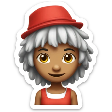 The girl character is a cute and funny troll, the logo is simple. The character has a hat on his head, big ears and pretty red eyes. Her hair is red, lush and round. She is wearing a Karelian sundress. sticker