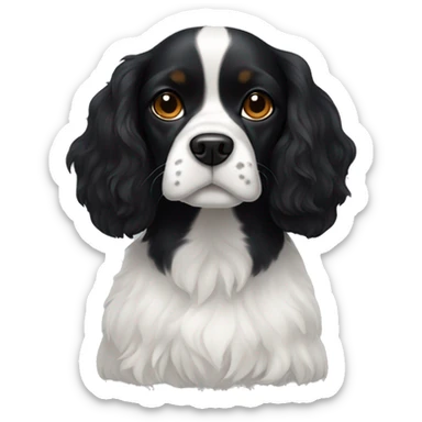 Small completely black king spaniel with white on chest sticker