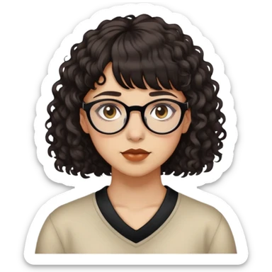 Very Light tan skin, woman/non-binary, piercings, deep brown eyes, curly very dark brown neck length hair with bangs. Glasses. Alternative.   sticker