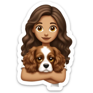 Tanned brunette long wavy hair girl holding a cute cavalier spaniel puppy with short ears wavy fur sticker
