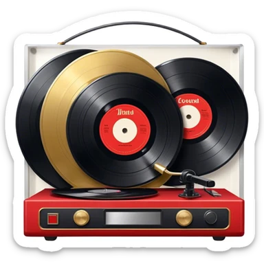 Icon for Vinyl Record Collecting: large black, golden and red vinyl records in decorative packaging featuring artist images, neatly arranged on a wall or shelf, modern vinyl record player. The icon should reflect the aesthetic and artistic aspect of collecting vinyl records. Transparent background. sticker