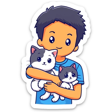 teenage boy with black hair wearing blue short sleeve shirt holding a white ragdoll cat sticker