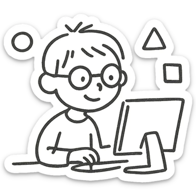 minimalist child programmer, abstract shapes, sitting at computer sticker