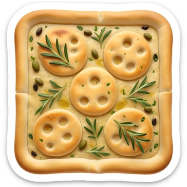 Focaccia Cinematic Realistic Focaccia Bread Dish Emoji, depicted as a golden, olive-oil brushed flatbread sprinkled with herbs, rendered with lifelike textures and warm, inviting lighting. sticker
