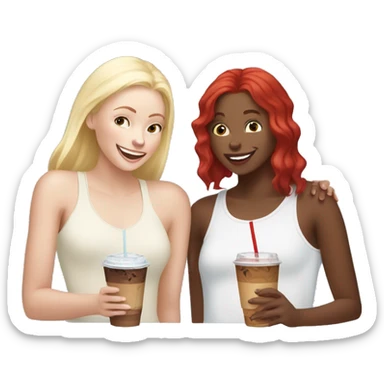 White Blonde girl and white red hair girl secretly giggling together drinking iced coffees  sticker