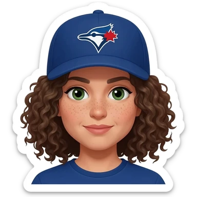 mid sized woman with curly hair and dark green eyes, light skin with some freckles wearing a toronto blue jays hat sticker