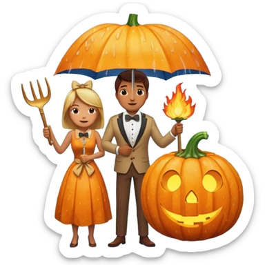 Make a guy hugging a giant pumpkin with a fork in his right hand while there's fire while there's a lady watching while it's raining while there's an umbrella on the ground that's alive and the sun has a bow tie on his neck sticker
