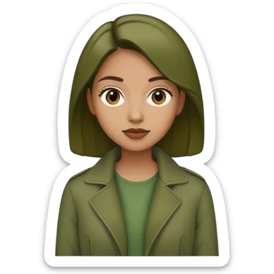 woman wearing dark olive green jacket over a lighter green top sticker