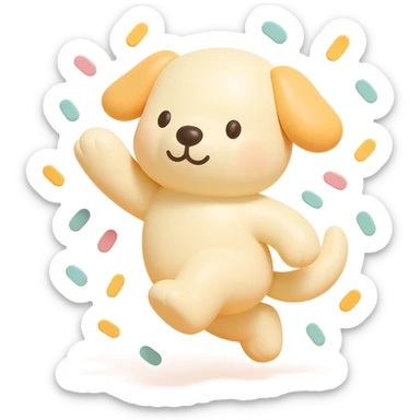 puppy jumping in confetti with paw up, vinyl figure style sticker