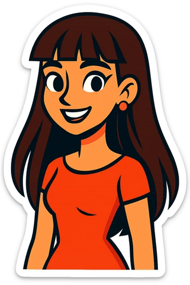 chica morena linda con cabello largo y fleco, vibrant cartoon style sticker