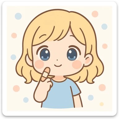 blonde-haired, blue-eyed, fair-skinned girl with a bandaged index finger, finger on chin, thinking, kawaii chibi style sticker