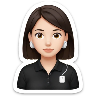 Girl with dark brown hair with airpods wearing a black wegmans grocery store polo sticker