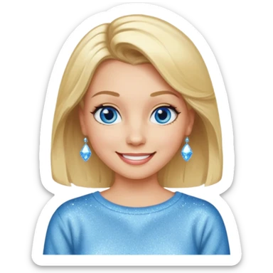 make this real, blond, hair below shoulder, blue eyes, 50s, sparkle in the eyes, fun, smile, no earrings, relaxed style, sweats or jeans sticker