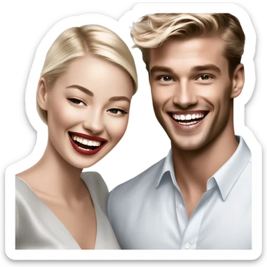 Hyper Realistic beautiful dior model laughing with a handsome male model  sticker