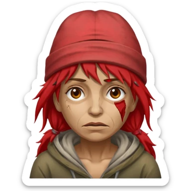 very dirty looking homeless woman with ripped red hat with ugly hair sticker