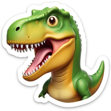 Cinematic Comical T-rex Portrait Emoji, Head tilted dramatically with an exaggeratedly shocked expression, featuring its iconic massive head, tiny comically expressive arms, and wide, playful eyes full of humorous disbelief, Simplified yet hilariously expressive features, highly detailed, glowing with a slightly sassy prehistoric glow, high shine, dramatic yet playful, stylized with an air of cheeky dinosaur mischief, soft glowing outline, capturing the essence of a meme-worthy T-rex that looks ready to side-eye its way into viral fame! sticker