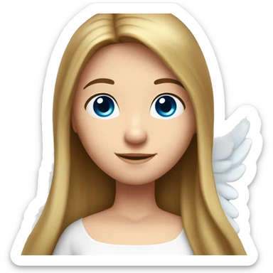 Caucasian brunette angel with long straight hair, dimples, big blue eyes, golden hoop halo over head and wings on back sticker