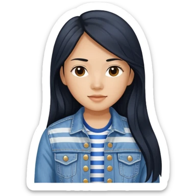 Teresa Li in black long hair, wearing blue and white striped shirt and denim jacket  sticker