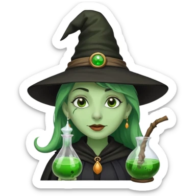 Witch with Green Skin – long-nosed witch in black hat holding potion sticker