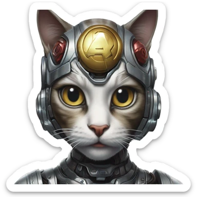 Cyborg cat in Marvel Avengers style, oil paint, mysterious eyes, intricate lips, masterpiece portrait , odd perspective, beautiful, desirable, logical sticker