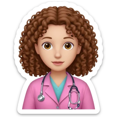 médica, cabelo castanho, pele branca, cabelo cacheado, cabelo comprido, roupa rosa sticker