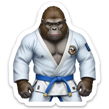 Gorilla in a jiu jitsu gi with a blue belt sticker