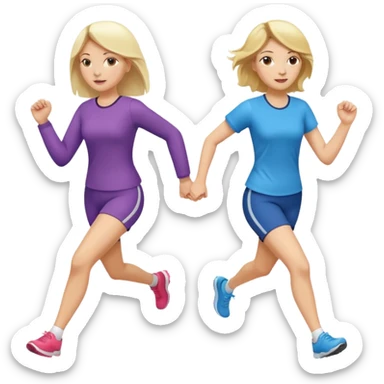 I want 2 women holding hands running in same direction, one is brunette, one is blonde different outfits and please hold hands sticker