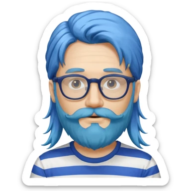 man with long blue hair, glasses, and a long beard and wearing a striped t-shirt sticker
