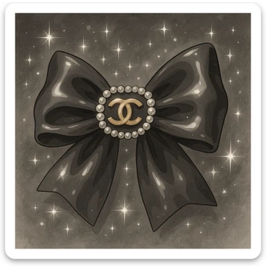 elegant bow with pearls and gold Chanel logo, sparkling effects, glossy, monochrome sticker