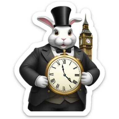 A giant full-length Victorian anthropomorphic fat rabbit holds a watch in his hands, making himself an important gentleman; Big Ben in the background; animated illustration sticker