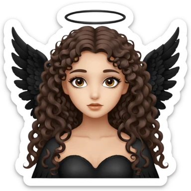 A girl has brown eyes with smoky eyes, brown long curl hair, wearing big black angel wings sticker
