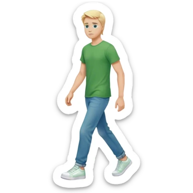 A cinematic realistic blond man with blue eyes, dressed in wide jeans, a green T-shirt and white sneakers, is walking sticker