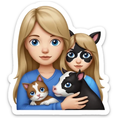 Apple-style emoji sticker of a young woman with long dark blond hair and bang, blue eyes , holding a cat black and white like a cow patch on her chest.  sticker