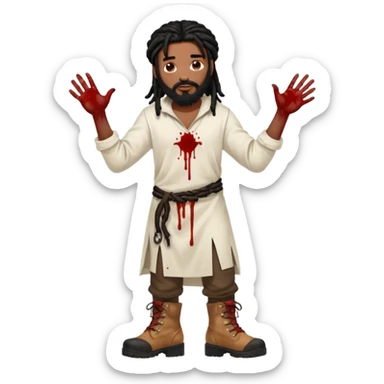 African American man with shoulder length black dreadlocks with black beard wearing a white tunic with blood on it wearing timberland boots with hands out clean sticker