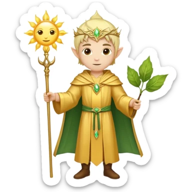 {
      "type": "human",
      "look": "light elf healer, golden robe, staff with leaf and sun",
      "description": "a light elf healer wearing a golden robe and holding a staff with leaf and sun no face"
    } sticker