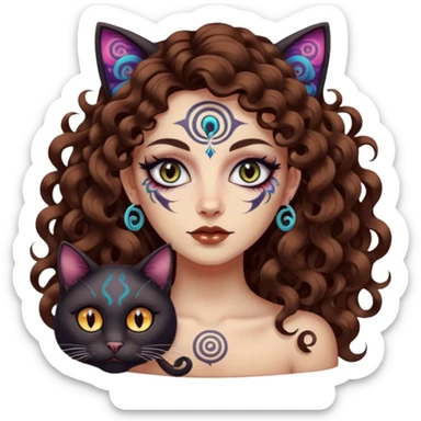 woman with long curly brown hair, brown eyes, white skin, tattoos, black cat with psychedelic spiral eyes mirroring hers sticker