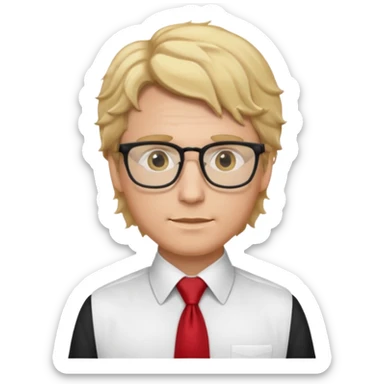 white man in white shirt, having red tie, blonde wavy hair, wearing glasses sticker