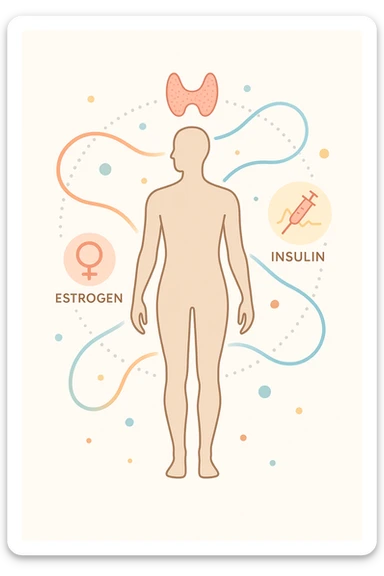Il corpo è circondato da simboli delicati e bilanciati che rappresentano equilibrio ormonale e metabolico: piccoli cerchi, flussi energetici colorati, simboli stilizzati di tiroide, picco insulina, estrogeni. 4k immagine sticker